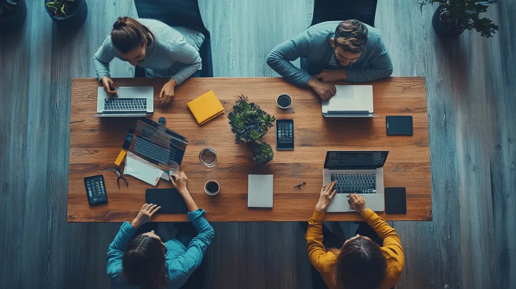 A diverse eLearning team using a collaborative authoring tool to streamline their custom eLearning development services, avoiding the bottlenecks of single-user software.