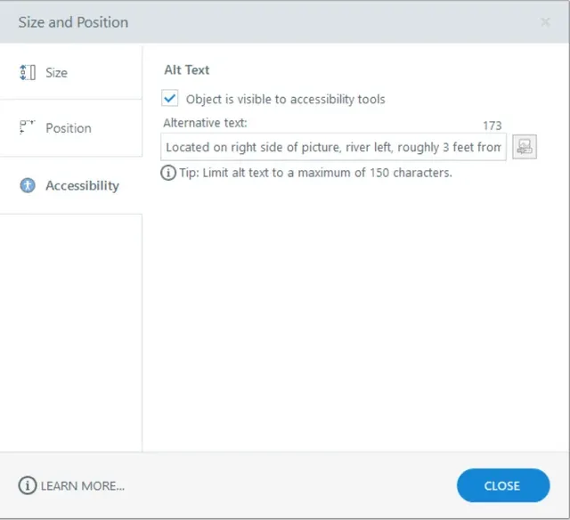 The 'Size and Position' window in Articulate Storyline, with the Accessibility tab open to show where alternative text is added for a course object.