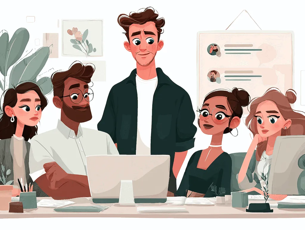 Illustration of an instructional design mentor and a small group of career-changers gathered around a laptop, learning the work together through a real apprenticeship community instead of a classroom.
