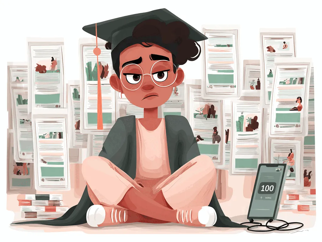 Illustration of a discouraged bootcamp graduate in a cap and gown sitting in front of a wall of identical cookie-cutter portfolios and a silent phone showing no callbacks, the common outcome of an expensive instructional design bootcamp.