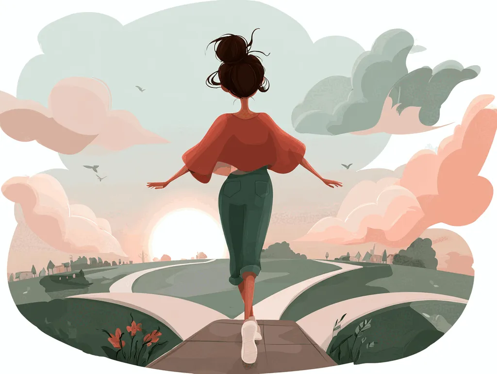 Illustration of a woman walking forward down a path that branches into several directions toward a bright sunrise, arms open, choosing her own way: an apprenticeship is a launchpad to wherever you want to go, not a ceiling.