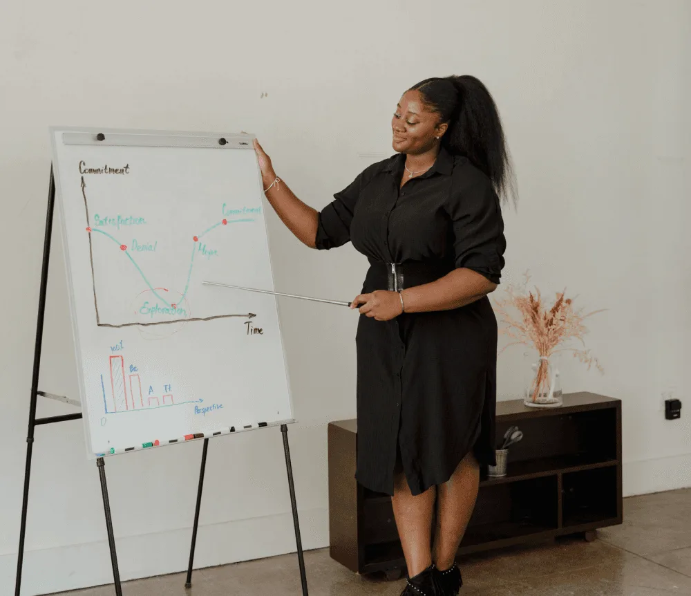 A freelance training and development consultant in a modern workspace, managing a client's custom eLearning project on a tablet.