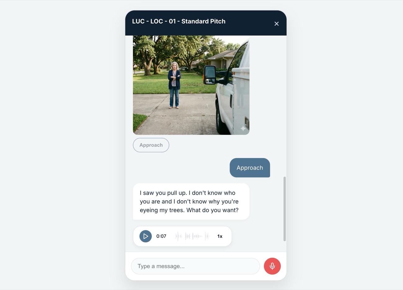 A chat-based microlearning scenario: a photo, a choice, a character's reply, and a voice message, inside a chat interface.