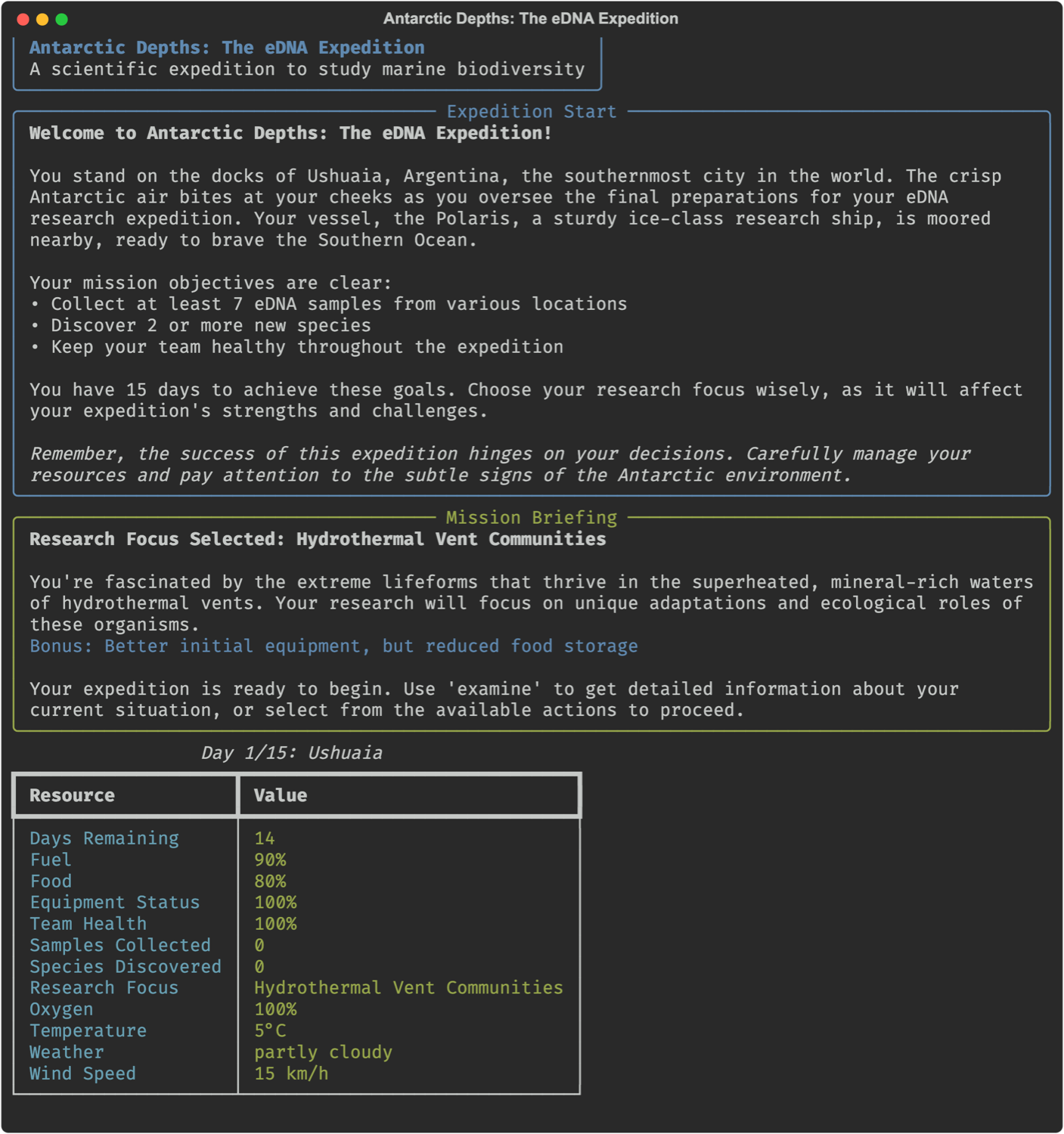 Terminal gameplay of the Antarctic Depths eDNA Expedition, the Python simulation learners build as the course capstone.